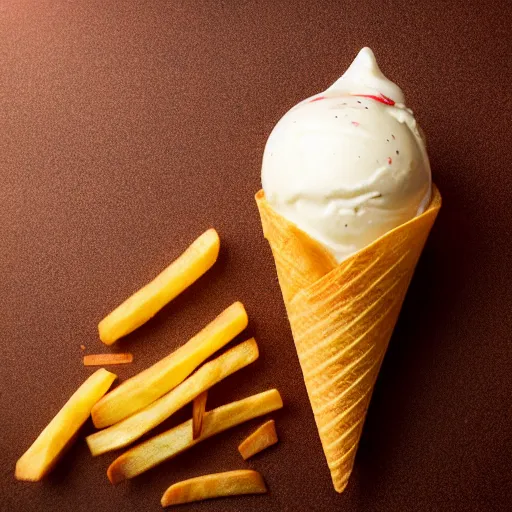 Prompt: a beautiful cone of icecream with french fries and ketchup on it, food photography, studio lighting