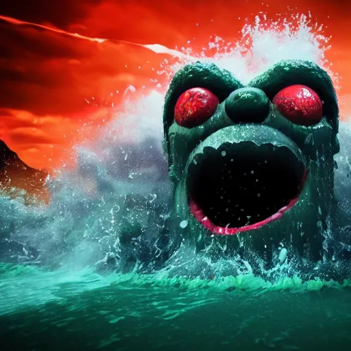 Prompt: the pain is splattered on the sad monster's green face on a very dark night with black sky while huge waves crash against him, water sprays into the air, hints of red and yellow, fantasy, unreal engine