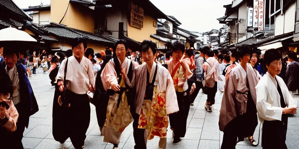 Image similar to street photography of gion matsuri midday, people in 9 0 s fashion, in kyoto japan, shot on kodak gold with a canon 3 5 mm lens aperture f / 5. 6, masterful photography by haruto hoshi and yang seung - woo and saul leiter, hyper - realistic