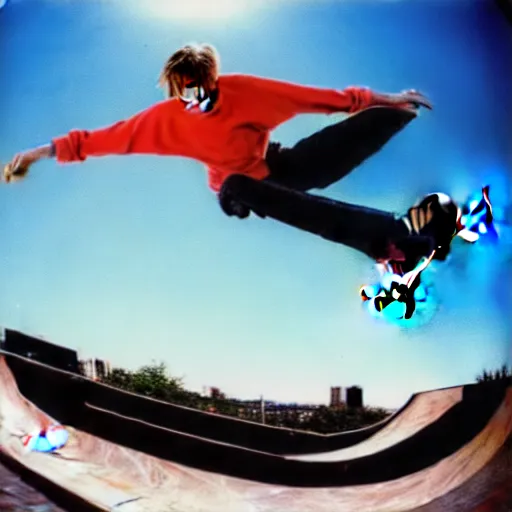 Image similar to award winning color photo of, Tony Hawk, skateboarding, doing a 900, in the 1986 vert contest, fisheye lens, detailed faces, detailed skateboard, 8k, balanced composition