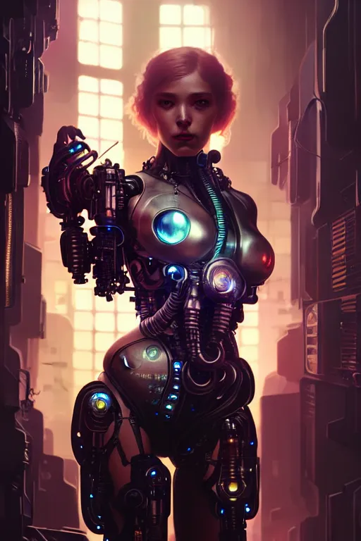 Image similar to ultra realistic, beautiful female cyborg in a crowded smoky cyberpunk club in space megalopolis, sci-fi, intricate details, eerie, highly detailed, octane render, 8k, art by artgerm and alphonse mucha and greg rutkowski