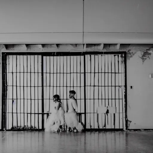 Image similar to a dark photo of a shadow of two people hugging each other in an abandoned hall, there is an open birdcage on the forefront, black and white, long exposure, motion blur