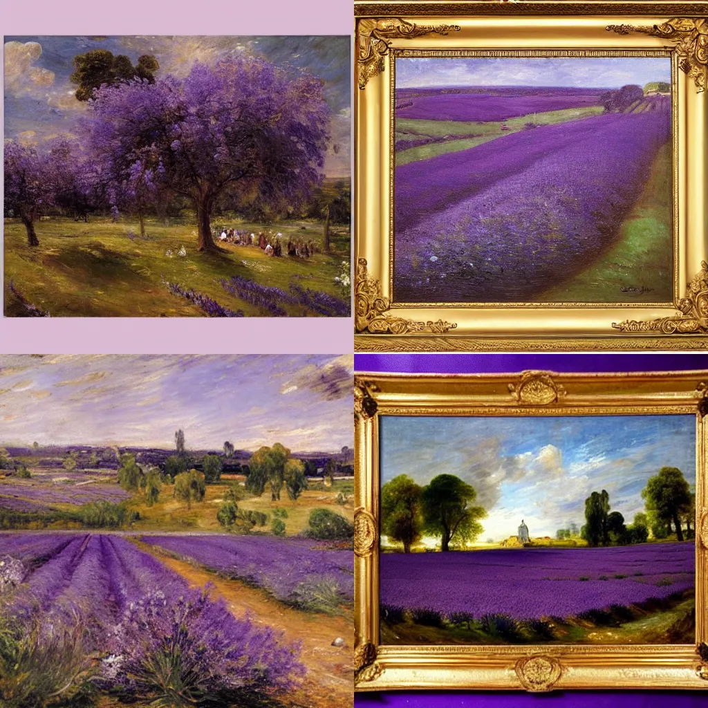 Prompt: a field of purple lavender flowers growing on fertile brown soil, during golden hour, wide angle, oil painting by john constable, realistic, romantic period