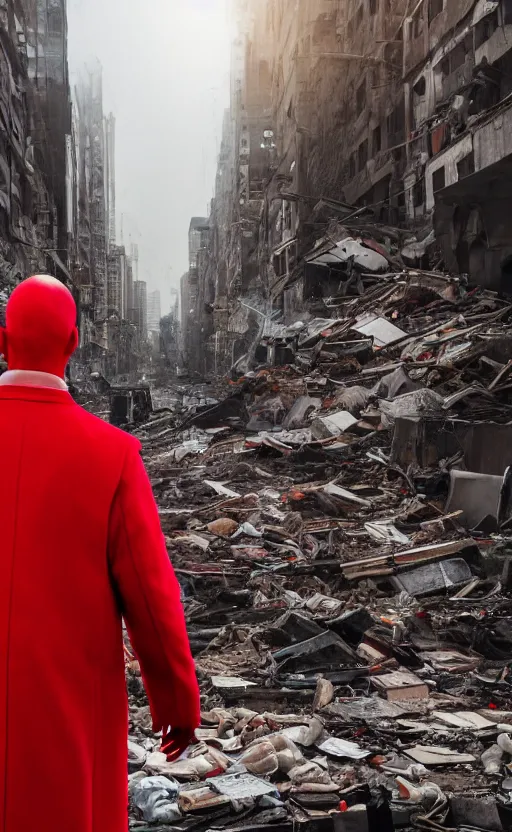 Prompt: cinematic scene of a bald comedian in red coat performing comedy show on top of dead bodies in streets of an apocalyptic metropolis destroyed after war, dramatic lighting, insane details