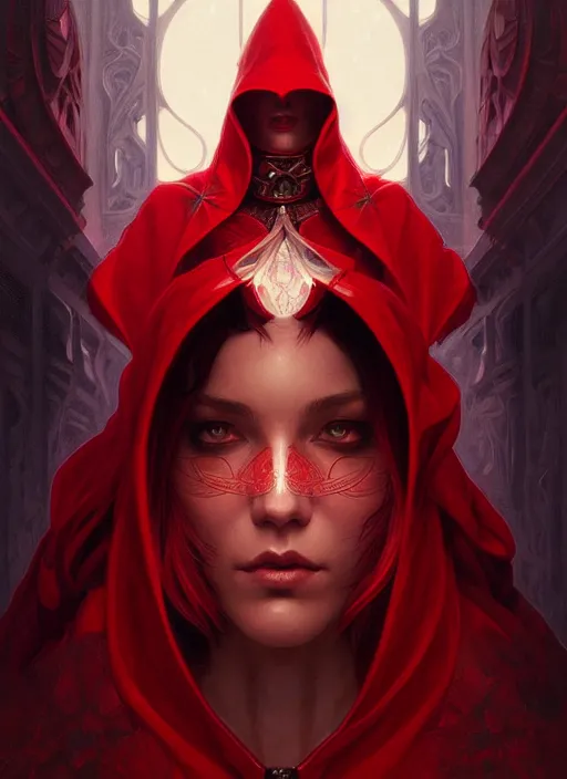 Image similar to symmetry!! portrait of a red hooded wizard, fantasy, intricate, elegant, highly detailed, digital painting, artstation, concept art, smooth, sharp focus, illustration, art by artgerm and greg rutkowski and alphonse mucha