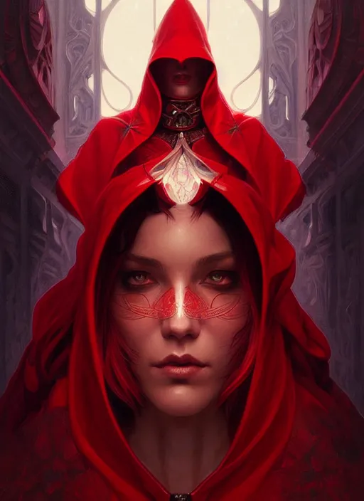 Prompt: symmetry!! portrait of a red hooded wizard, fantasy, intricate, elegant, highly detailed, digital painting, artstation, concept art, smooth, sharp focus, illustration, art by artgerm and greg rutkowski and alphonse mucha