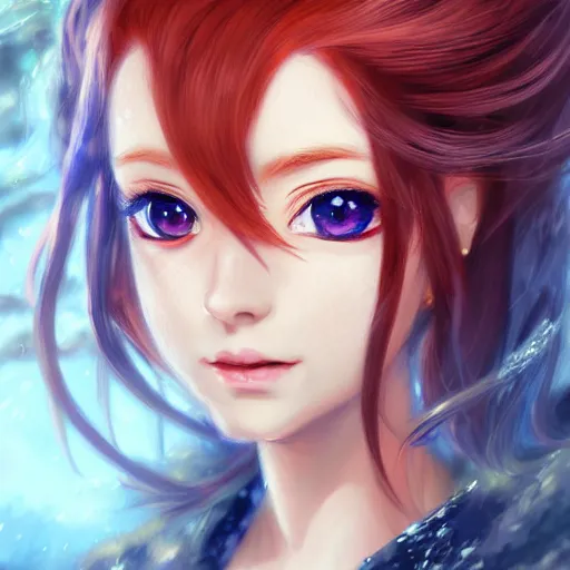 Prompt: portrait of a beautiful cute redhead from anime with big blue eyes, fantasy, intricate, elegant, highly detailed, digital painting, artstation, concept art, smooth, sharp focus, illustration