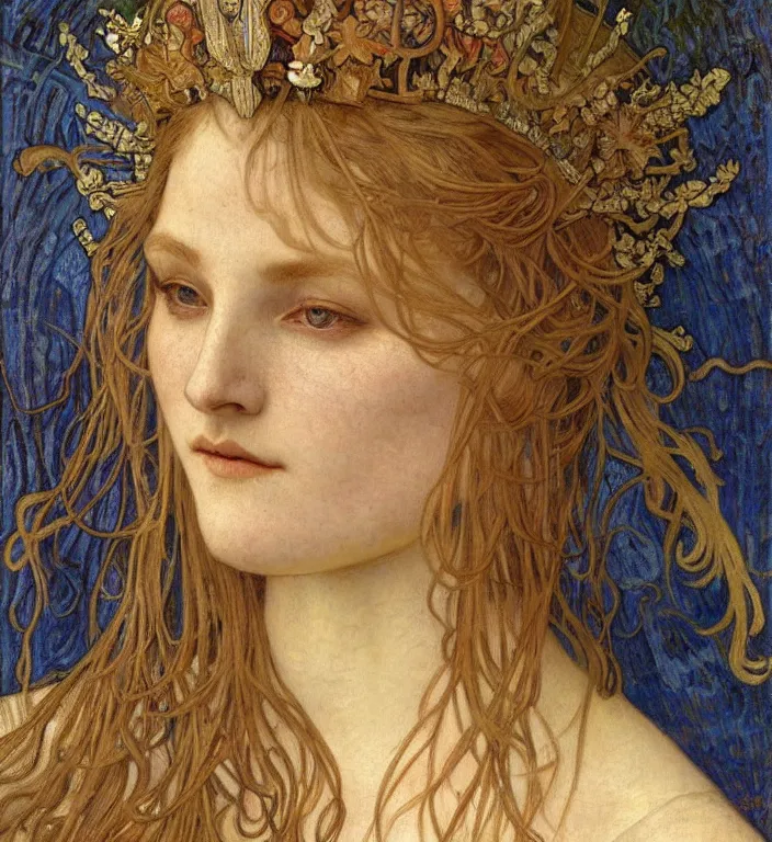 Image similar to detailed realistic beautiful young medieval queen face portrait by jean delville, alphonse mucha, vincent van gogh, and marco mazzoni, art nouveau, symbolist, visionary, gothic, pre - raphaelite