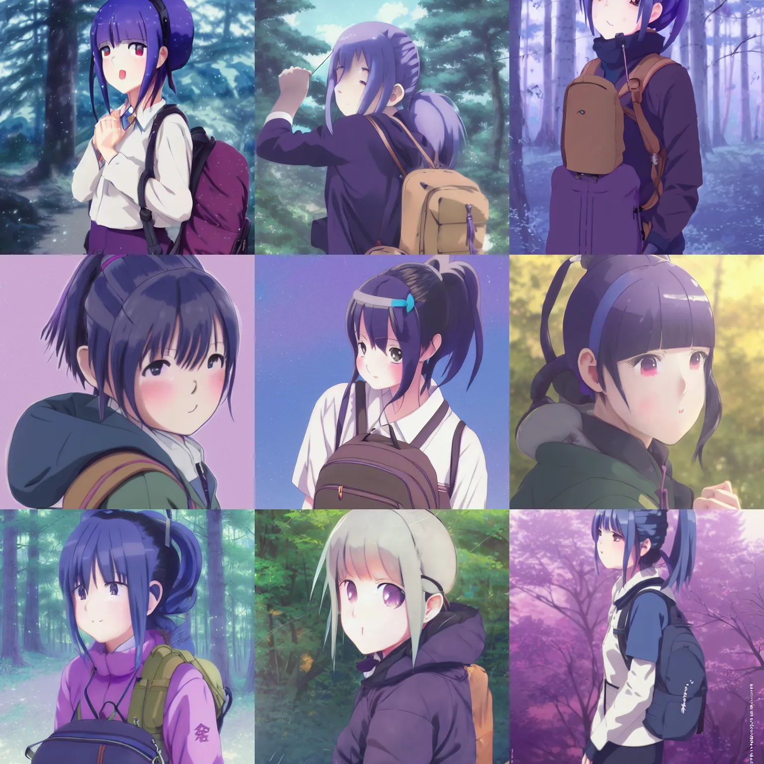 Prompt: cute anime shima rin shimarin yuru camp dark - blue hair bun tied in a high bun purple violet eyes portrait by greg rutkowski makoto shinkai kyoto animation forest background backpack