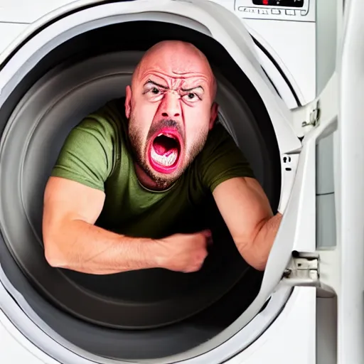 Image similar to angry furious man poking his head out of a washing machine and shouting at the camera