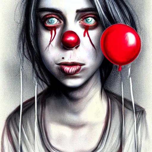 Prompt: surrealism grunge cartoon portrait sketch of billie eilish with a wide smile and a red balloon by - michael karcz, loony toons style, clown style, horror theme, detailed, elegant, intricate