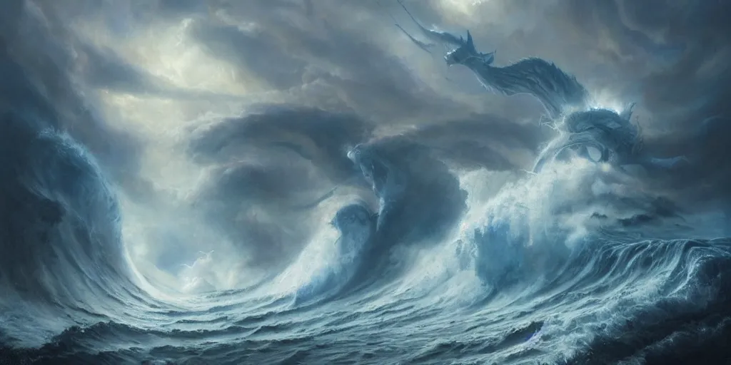 Prompt: stunning painting of a giant wave shaped like a dragon. Lightning in the background, by ellen jewett, by tomasz alen kopera, by Justin Gerard, ominous, magical realism, texture, intricate, volumetric lighting, high details