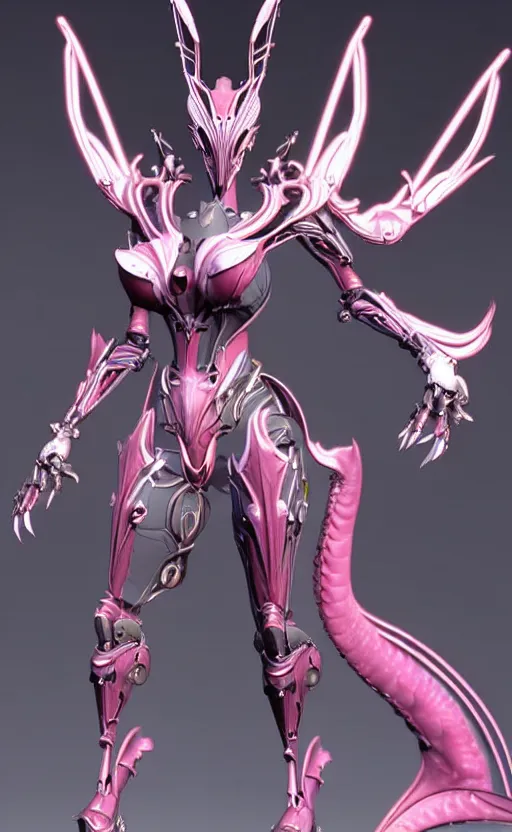 Image similar to extremely detailed goddess shot, front shot, low shot looking up, of a beautiful saryn warframe, that's a giant beautiful stunning anthropomorphic robot female dragon with metal cat ears, standing elegantly on a mountain, detailed sharp robot dragon claws, robot dragon feet, streamlined pink armor, thick smooth warframe thighs, long elegant tail, detailed warframe fanart, destiny fanart, high quality digital art, giantess art, furry art, 3D realistic, warframe art, Destiny art, furaffinity, DeviantArt, artstation, 8k HD, octane render