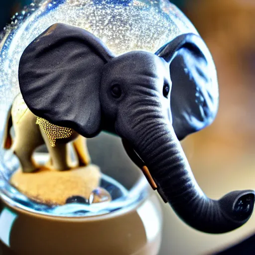 Prompt: a photograph of an elephant inside a snow globe toy, close-up detailed photo