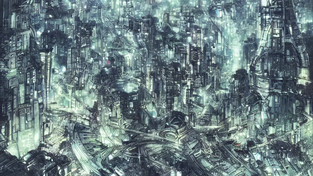 Image similar to futuristic japanese city illustration by star wars yoshitaka amano,