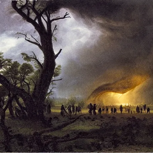 Prompt: a detailed illustration of a massive tornado touching down in the middle of central park, flying trees and park items, calamity, dark storms with lightning, 8 k, art by pierre - henri de valenciennes and caspar david friedrich and jacob gensler and eugene isabey