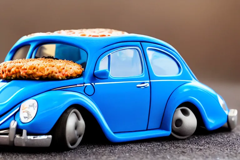 Prompt: a blue beetle car with burgers for wheel rims