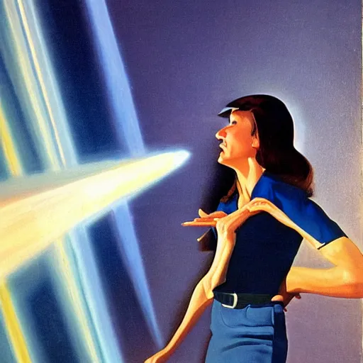 Prompt: A performance art. A rip in spacetime. Did this device in her hand open a portal to another dimension or reality?! by Ed Mell spirited, quiet