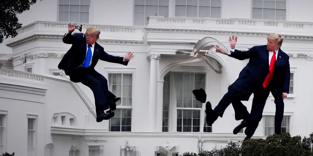 Prompt: a professional cinematic photo of donald trump fighting elon musk on top of white house. extremely high fidelity. key light.