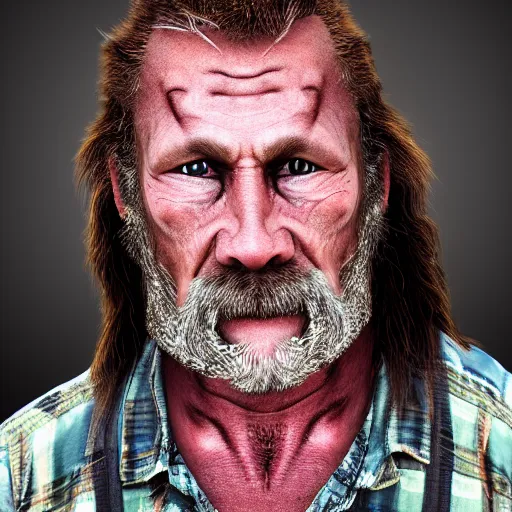 Image similar to film still photo portrait of a toothless middle aged 5 6 year old redneck hillbilly with a mullet, funky looking, realistic, hyperrealistic, 8 k resolution, hd quality, very detailed, highly detailed, intricate details, real life, real world, trending on artstation, digital art, really realistic, very realistic, headshot, head in frame, photograph, portrait