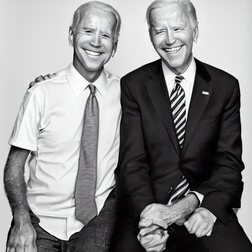 Image similar to A portrait photo of joe biden teams up with a teenage joe biden, perfect faces, 50 mm, award winning photography