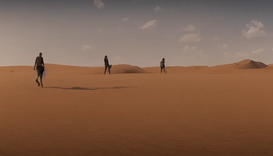 Prompt: survivors walking in desert, sand dunes, heat wave, wide view, hyperdetailed, artstation, cgsociety, 8 k