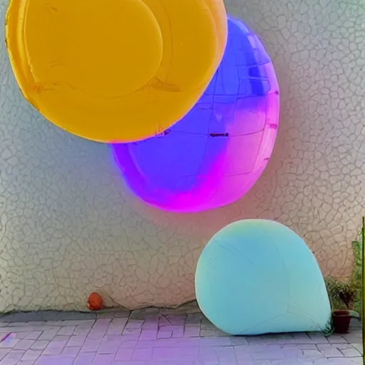 Image similar to a pastel colour high fidelity wide angle Polaroid art photo from a holiday album at a seaside with abstract inflatable parachute furniture, spheres and a sculpture, all objects made of transparent iridescent Perspex and metallic silver, a grid of sun beds iridescence, nostalgic