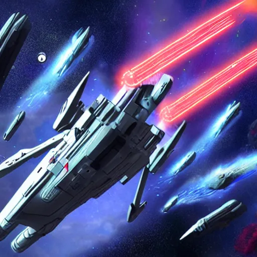 Image similar to science - fiction space battleship in combat, laser beams, explosions, space, planets