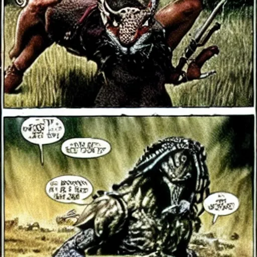 Prompt: predator fights the rabbit from monty python and the holy grail