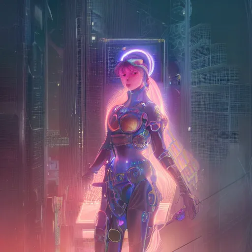 Prompt: portrait futuristic cyber warrior girl goddess, in future cyberpunk tokyo rooftop, ssci - fi, fantasy, intricate, very very beautiful, elegant, neon light, highly detailed, digital painting, artstation, concept art, smooth, 8 k, sharp focus, illustration, art by alphonse mucha and tian zi and wlop