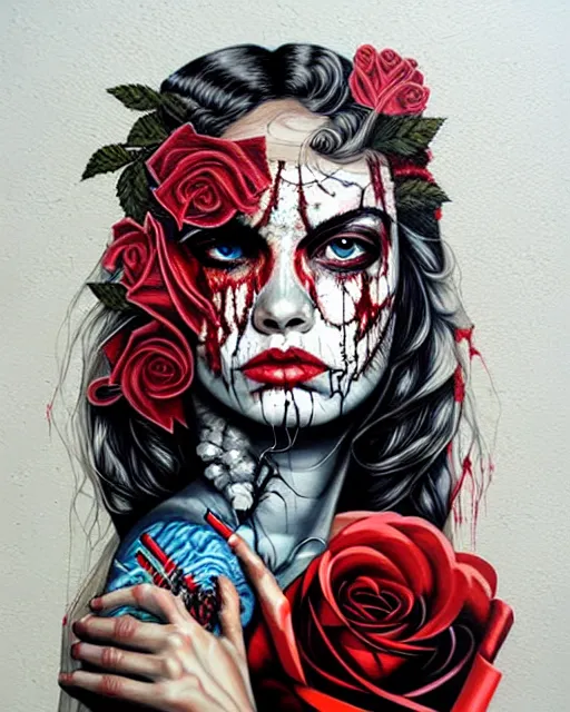 Image similar to horror and blood and rose with sea and ocean intricate details by Sandra Chevrier