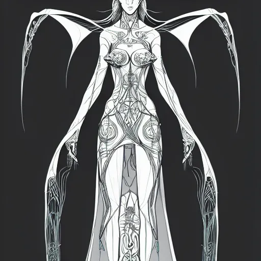 Prompt: full body centered elven bride ,intricate, veins, by Hugo pratt, ultradetailed, charachter design, concept art, trending on artstation,