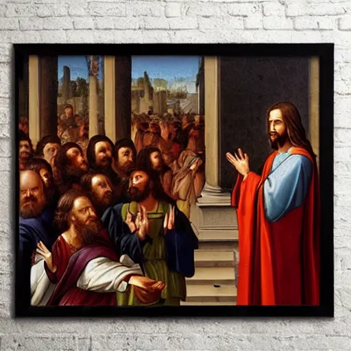 Prompt: portrait of jesus christ preaching at shopping mall photorealistic frame on the wall ultra-realistic in the colourful style of leonardo da vinci artstation hd oil painting Renaissance painting