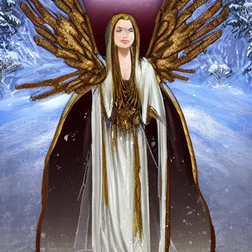 Image similar to tall female angel, flowing robes, shroud, veil, ornate armor, standing on a snowy ruined temple