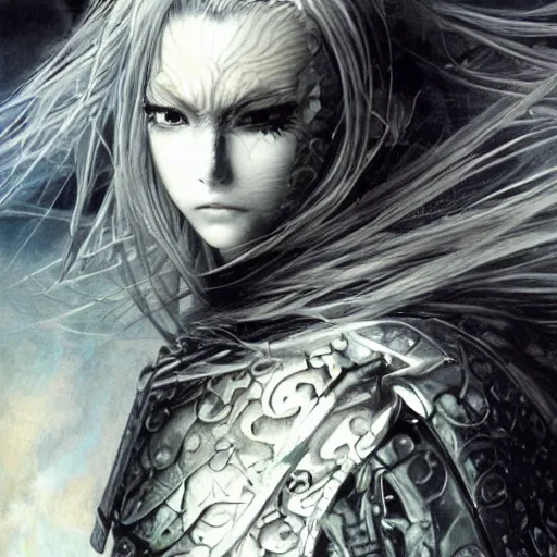 Image similar to Yoshitaka Amano realistic illustration of an anime girl with wavy white hair and cracks on her face wearing Elden ring armour with the cape fluttering in the wind, abstract black and white patterns on the background, noisy film grain effect, highly detailed, Renaissance oil painting, weird portrait angle