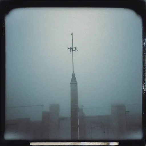 Image similar to a towering concrete wall thay reaches into the sky with small street lamps in front of it, foggy, night, dark, old polaroid, expired film, megalophobia,