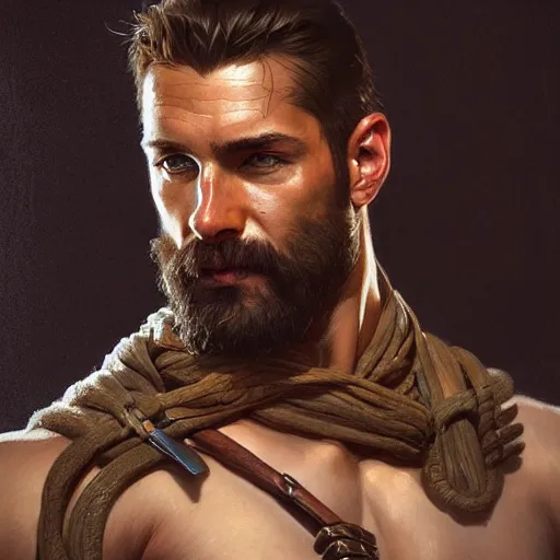 Image similar to portrait of a rugged ranger, muscular, upper body, blood, D&D, fantasy, intricate, elegant, highly detailed, digital painting, artstation, concept art, smooth, sharp focus, illustration, art by artgerm and greg rutkowski and alphonse mucha