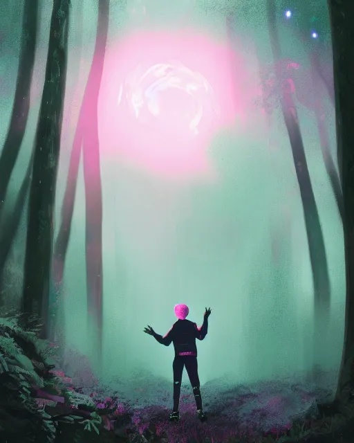 Image similar to man with pink glowing afro wearing disco jacket, standing in atmospheric spring forest at night, high contrast photoshop digital painting, beautiful moon lighting, best of artstation 4 k