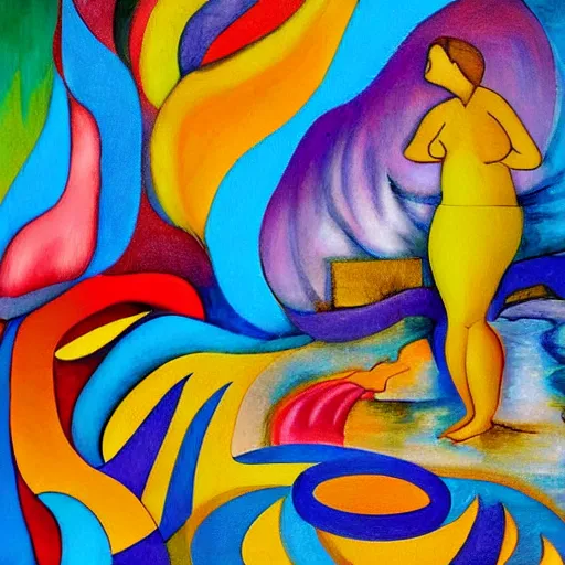 Image similar to woman watches the fast flowing river enter the sea and gathers the colors and dreams of her community, abstract art in the style of cubism and georgia o keefe,