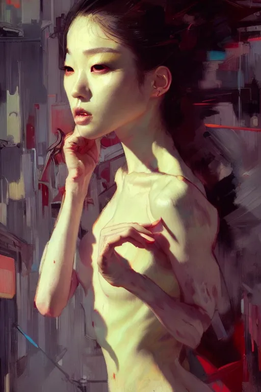 Image similar to hoyeon jung by greg rutkowski, jeremy mann, francoise nielly, van gogh, ross tran, rule of thirds, seductive look, beautiful