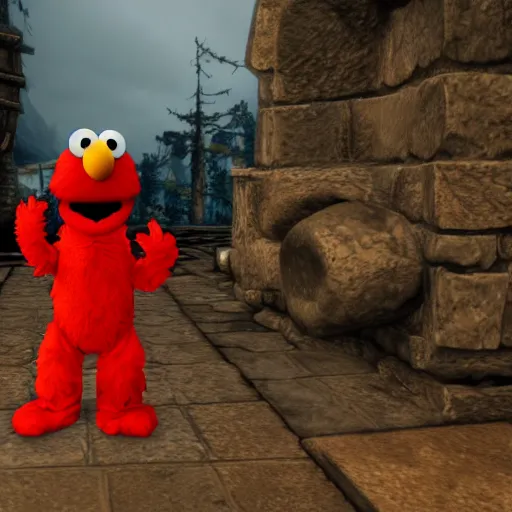 Prompt: elmo in skyrim, official screenshot, 4 k, npc, render