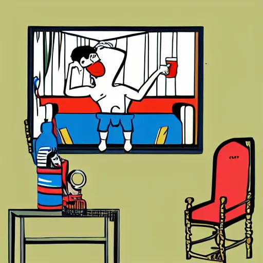 Prompt: illustration of the greek god eros who is a clown, has hurt his knee and sitting in a chair and is watching the game on tv with a beer in hand, by chris ware