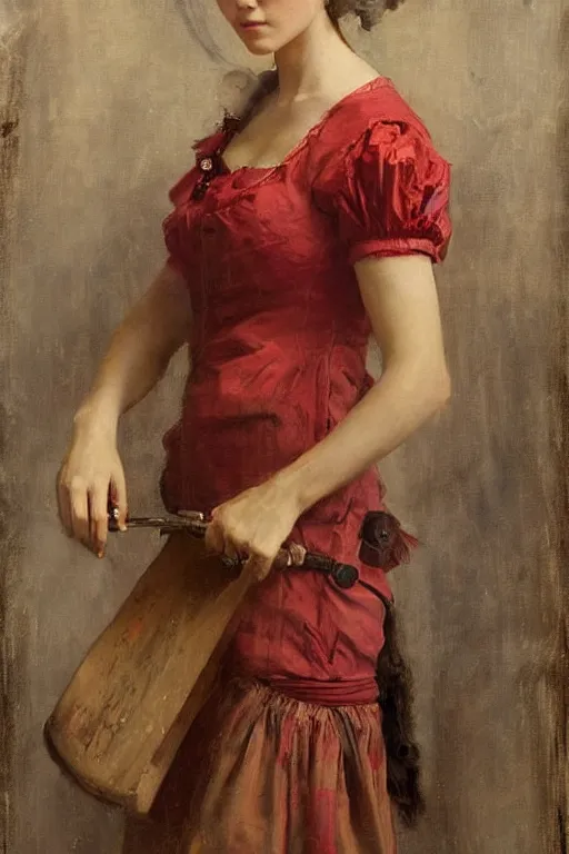 Image similar to Solomon Joseph Solomon and Richard Schmid and Jeremy Lipking victorian genre painting full length portrait painting of a young beautiful woman traditional german barmaid in fantasy costume, red background