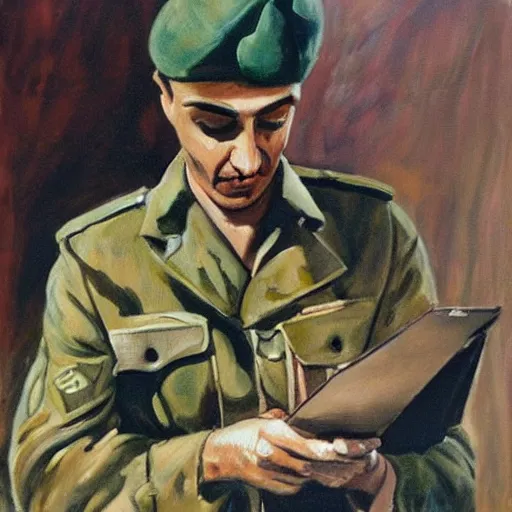 Image similar to medium shot painting of an italian soldier texting a letter to his beloved in wwII, behind him the desert of El Alamein