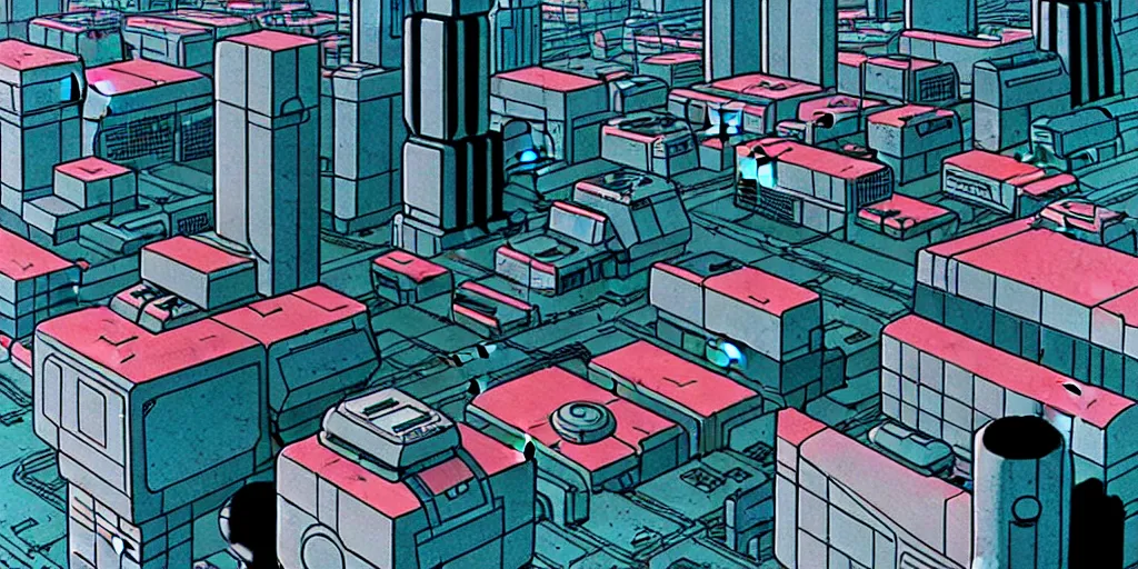 Image similar to areal view of mechanical futuristic brutalist city in the style of Akira!