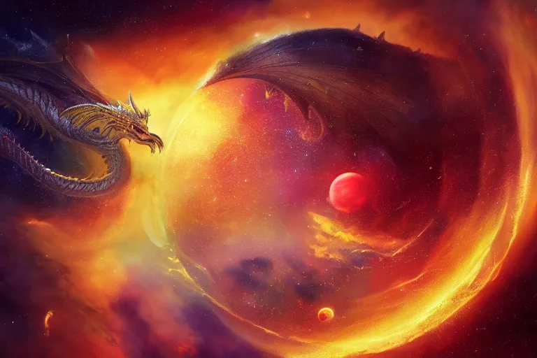 Prompt: a golden dragon the size of a planet soaring through space with nebulae in the background, digital art, fantasy artwork, extremely detailed, trending on artstation, award - winning, art from the greatest fantasy artists,