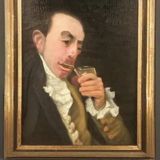 Prompt: oil painting of an 1 8 th century man drinking at a bench, some of the details of the frame are visible in his face