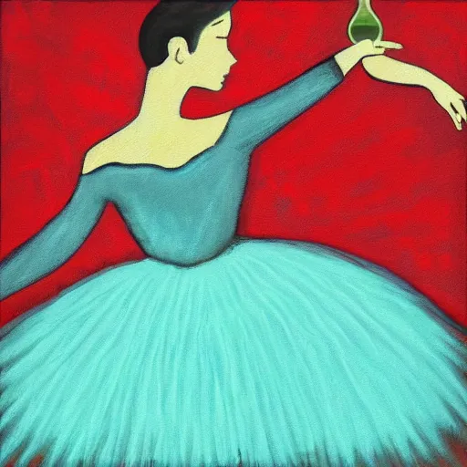 Image similar to square painting of a ballerina drinking wine in a teal room all on a red background