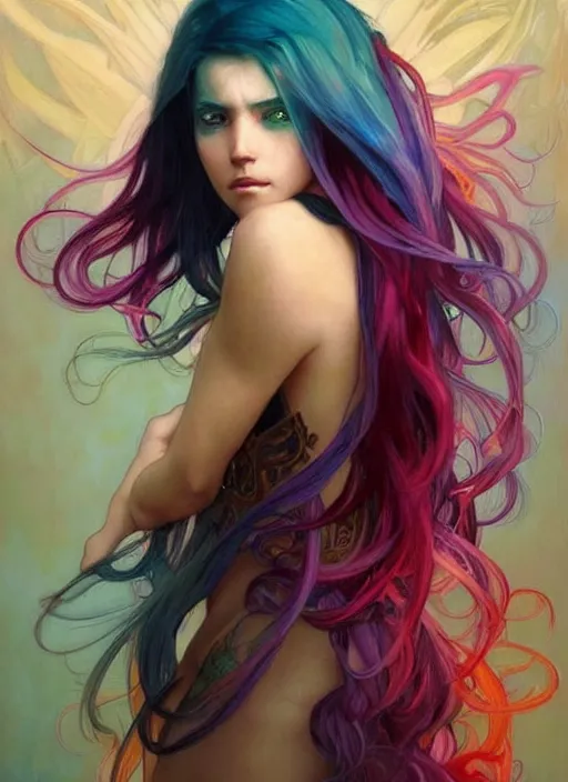 Image similar to a young woman with beautiful rainbow hair. she looks very angry. beautiful painting by artgerm and greg rutkowski and alphonse mucha
