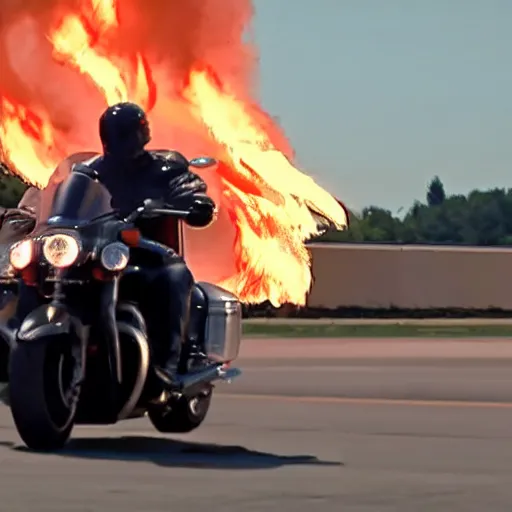 Image similar to Donald Trump on a motorcycle with fire coming out of the exhaust, cinematic lighting